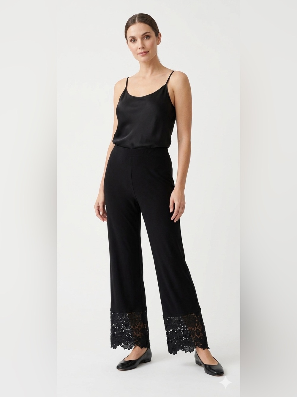 Joseph Ribkoff Black Silky Knit Pant with Floral-Motif Lace Hem Size 12
